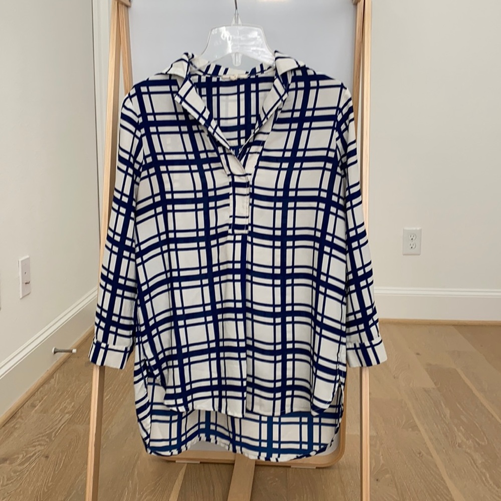 Pleione navy and white windowpane print top